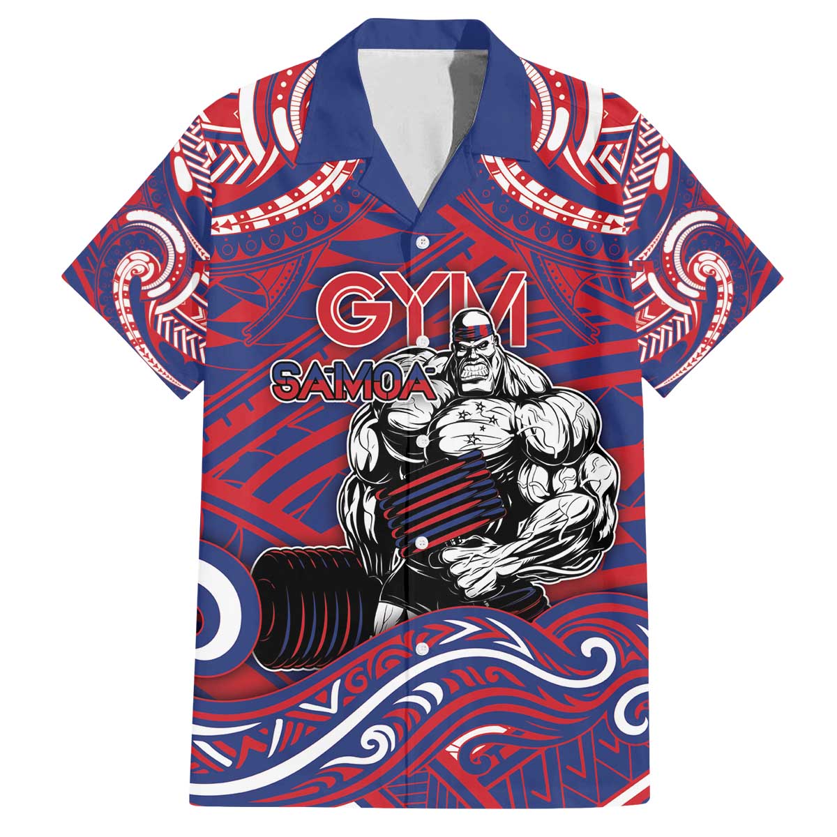Personalised Samoa Gym Family Matching Off The Shoulder Long Sleeve Dress and Hawaiian Shirt Muscle Samoan Tribal Waves DT05 Dad's Shirt - Short Sleeve Navy - Polynesian Pride