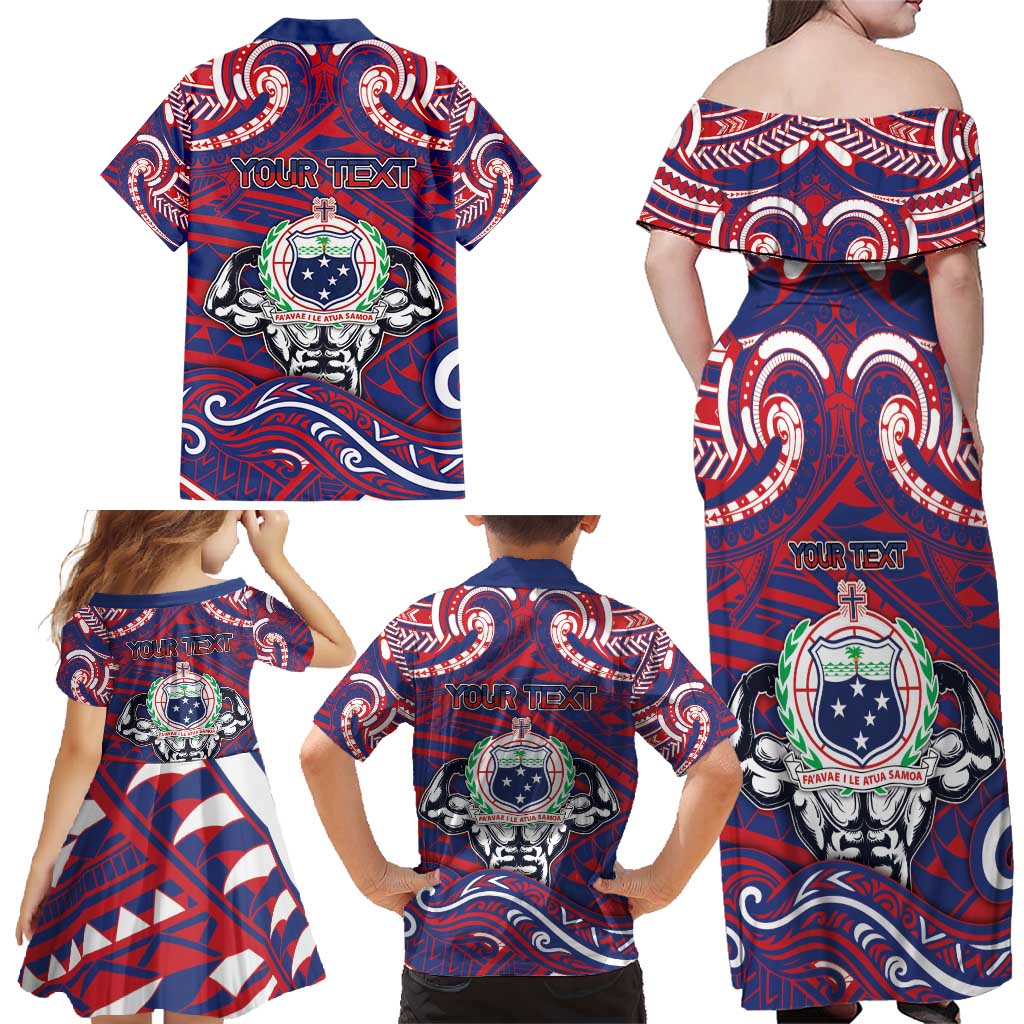 Personalised Samoa Gym Family Matching Off Shoulder Maxi Dress and Hawaiian Shirt Muscle Samoan Tribal Waves DT05 - Polynesian Pride