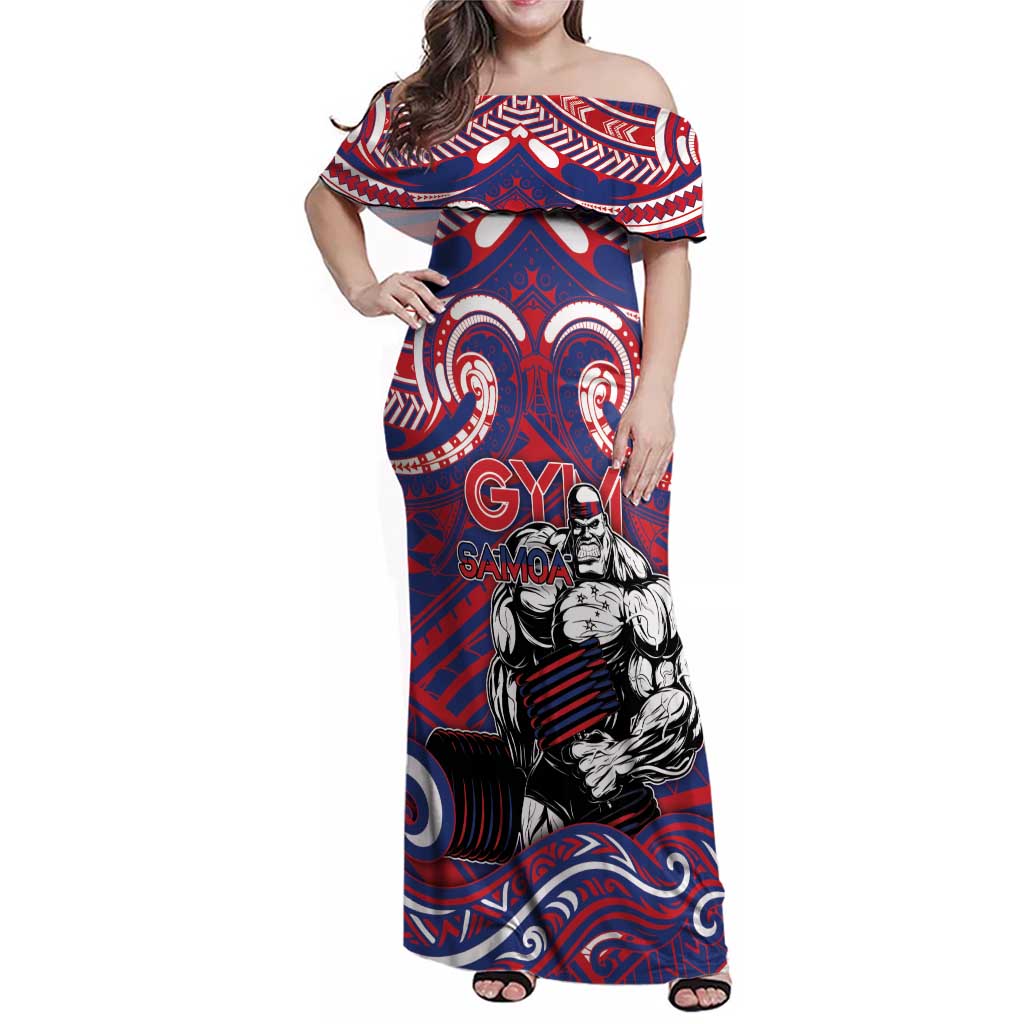 Personalised Samoa Gym Family Matching Off Shoulder Maxi Dress and Hawaiian Shirt Muscle Samoan Tribal Waves DT05 Mom's Dress Navy - Polynesian Pride