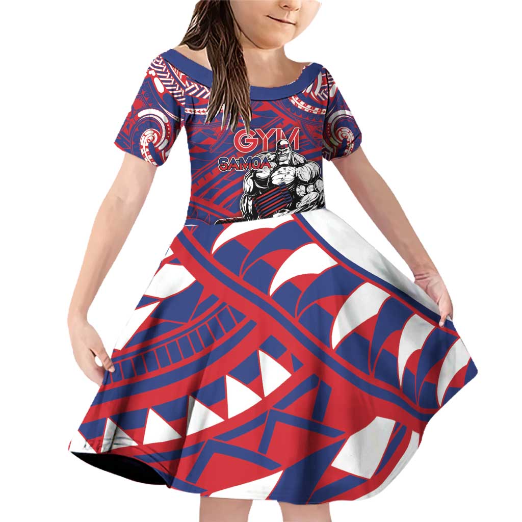 Personalised Samoa Gym Family Matching Off Shoulder Short Dress and Hawaiian Shirt Muscle Samoan Tribal Waves DT05 Daughter's Dress Navy - Polynesian Pride