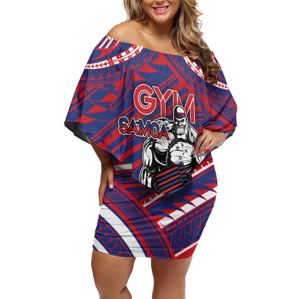 Personalised Samoa Gym Family Matching Off Shoulder Short Dress and Hawaiian Shirt Muscle Samoan Tribal Waves DT05 Mom's Dress Navy - Polynesian Pride