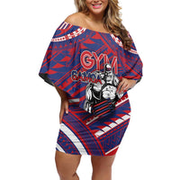 Personalised Samoa Gym Family Matching Off Shoulder Short Dress and Hawaiian Shirt Muscle Samoan Tribal Waves DT05 Mom's Dress Navy - Polynesian Pride
