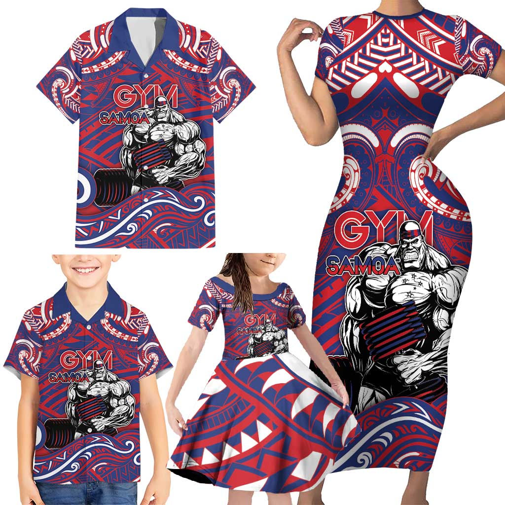 Personalised Samoa Gym Family Matching Short Sleeve Bodycon Dress and Hawaiian Shirt Muscle Samoan Tribal Waves DT05 - Polynesian Pride