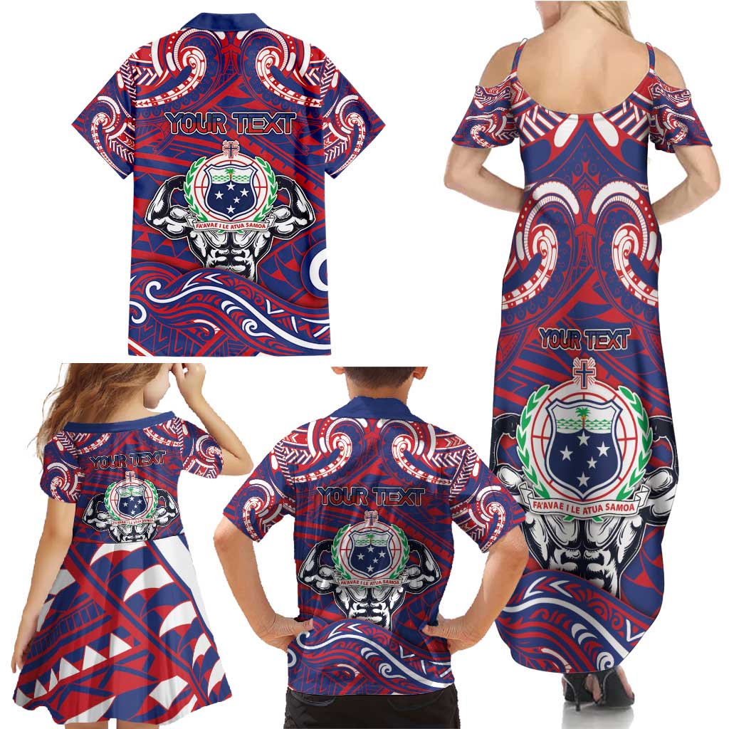 Personalised Samoa Gym Family Matching Summer Maxi Dress and Hawaiian Shirt Muscle Samoan Tribal Waves DT05 - Polynesian Pride