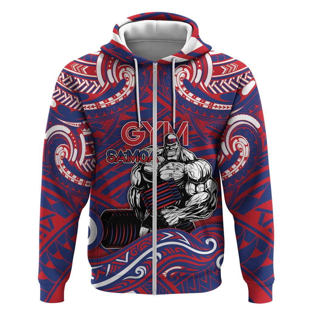 Personalised Samoa Gym Hoodie Muscle Samoan Tribal Waves DT05 Zip Hoodie Navy - Polynesian Pride