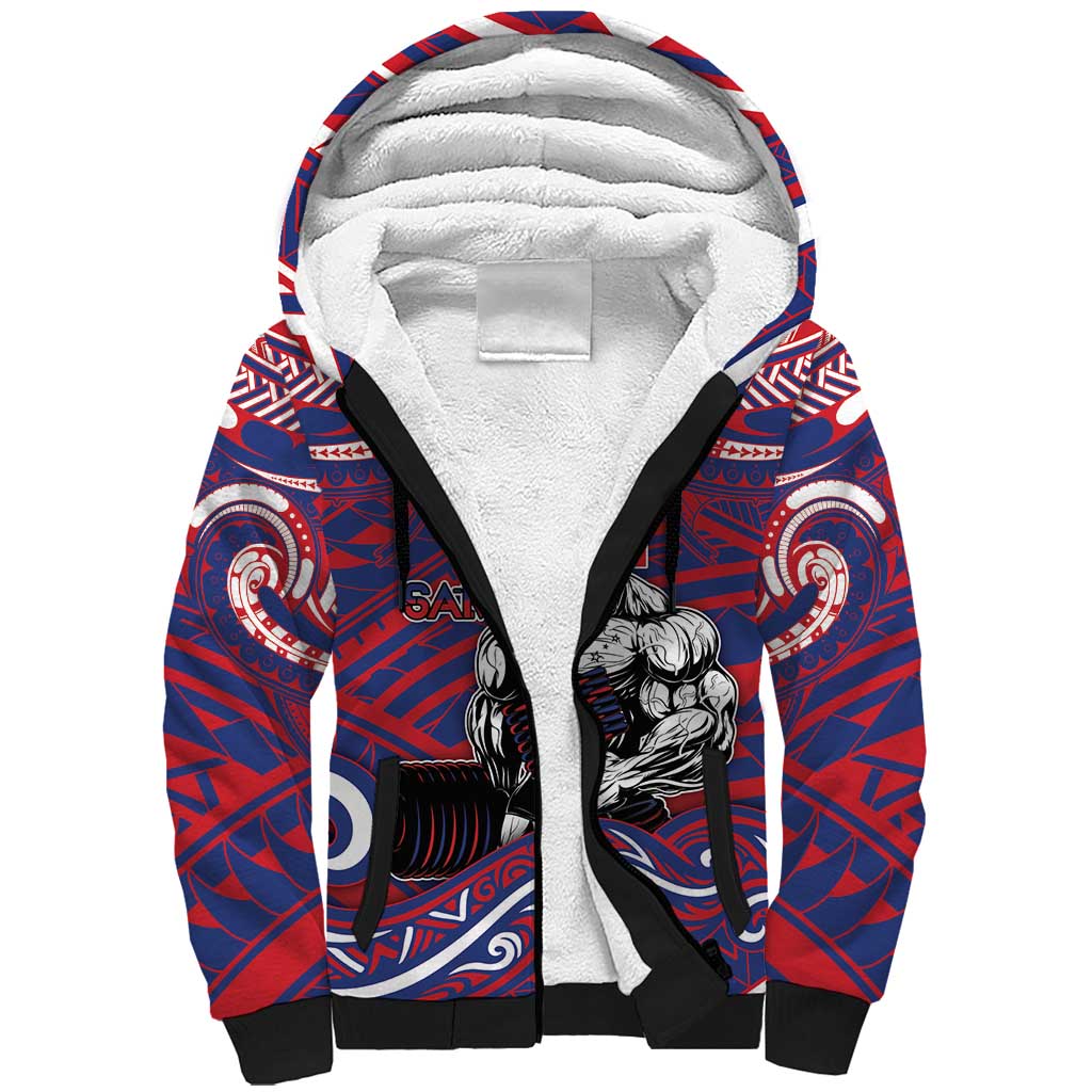 Personalised Samoa Gym Sherpa Hoodie Muscle Samoan Tribal Waves DT05 Unisex Navy - Polynesian Pride