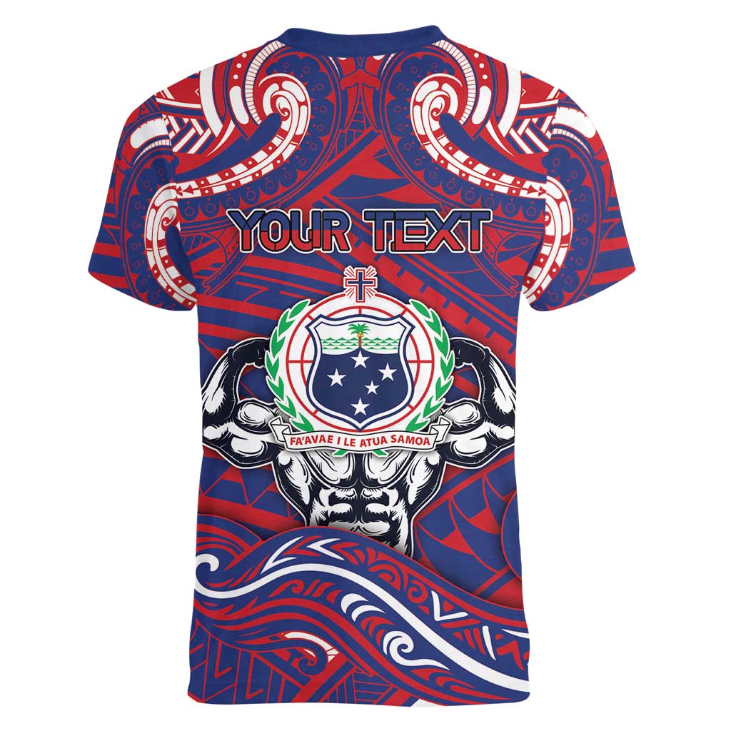 Personalised Samoa Gym Women V-Neck T-Shirt Muscle Samoan Tribal Waves - Polynesian Pride
