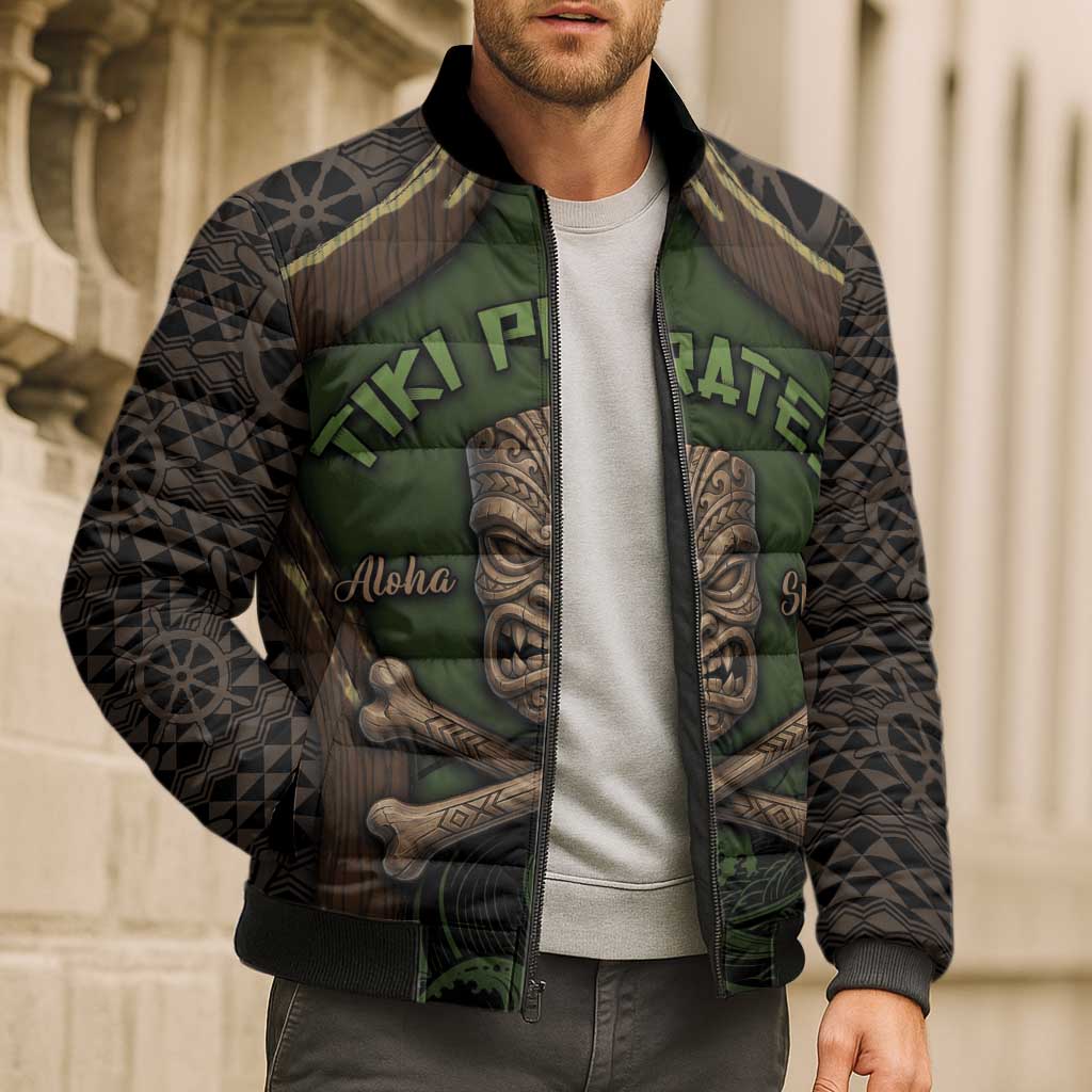 Personalised Hawaii Tiki Pirates Bomber Puffer Jacket Kakau Pattern Polynesian Style