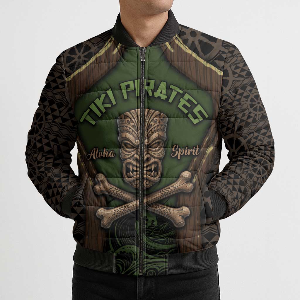 Personalised Hawaii Tiki Pirates Bomber Puffer Jacket Kakau Pattern Polynesian Style