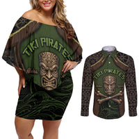 Personalised Hawaii Tiki Pirates Couples Matching Off Shoulder Short Dress and Long Sleeve Button Shirt Kakau Pattern Polynesian Style