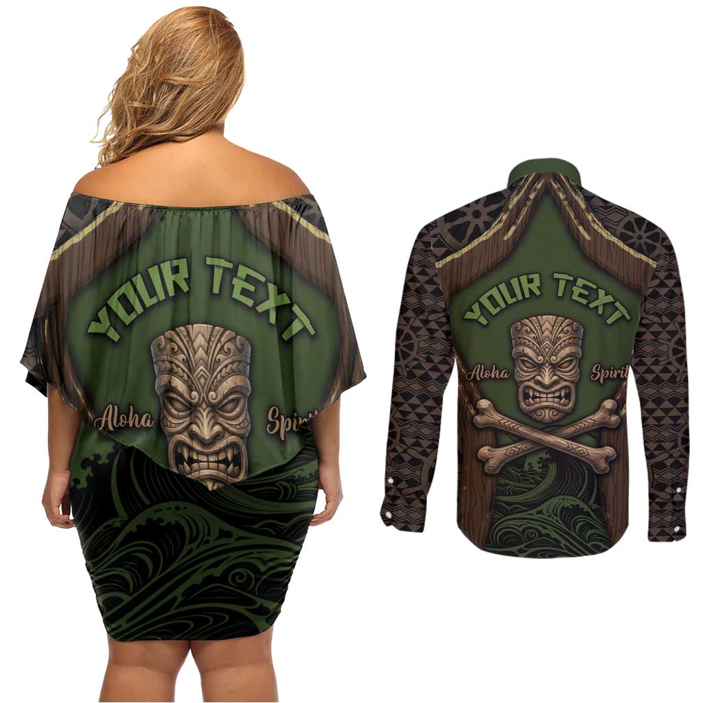 Personalised Hawaii Tiki Pirates Couples Matching Off Shoulder Short Dress and Long Sleeve Button Shirt Kakau Pattern Polynesian Style