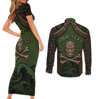 Personalised Hawaii Tiki Pirates Couples Matching Short Sleeve Bodycon Dress and Long Sleeve Button Shirt Kakau Pattern Polynesian Style