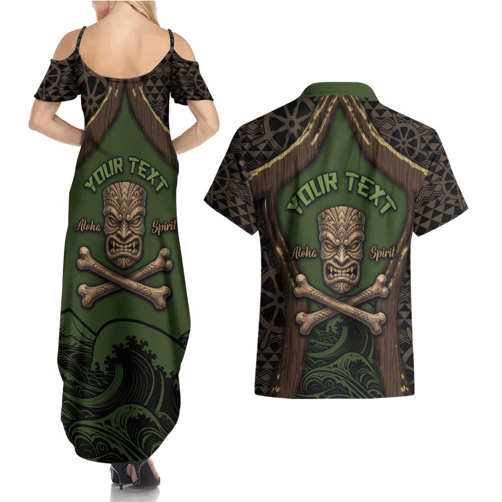 Personalised Hawaii Tiki Pirates Couples Matching Summer Maxi Dress and Hawaiian Shirt Kakau Pattern Polynesian Style