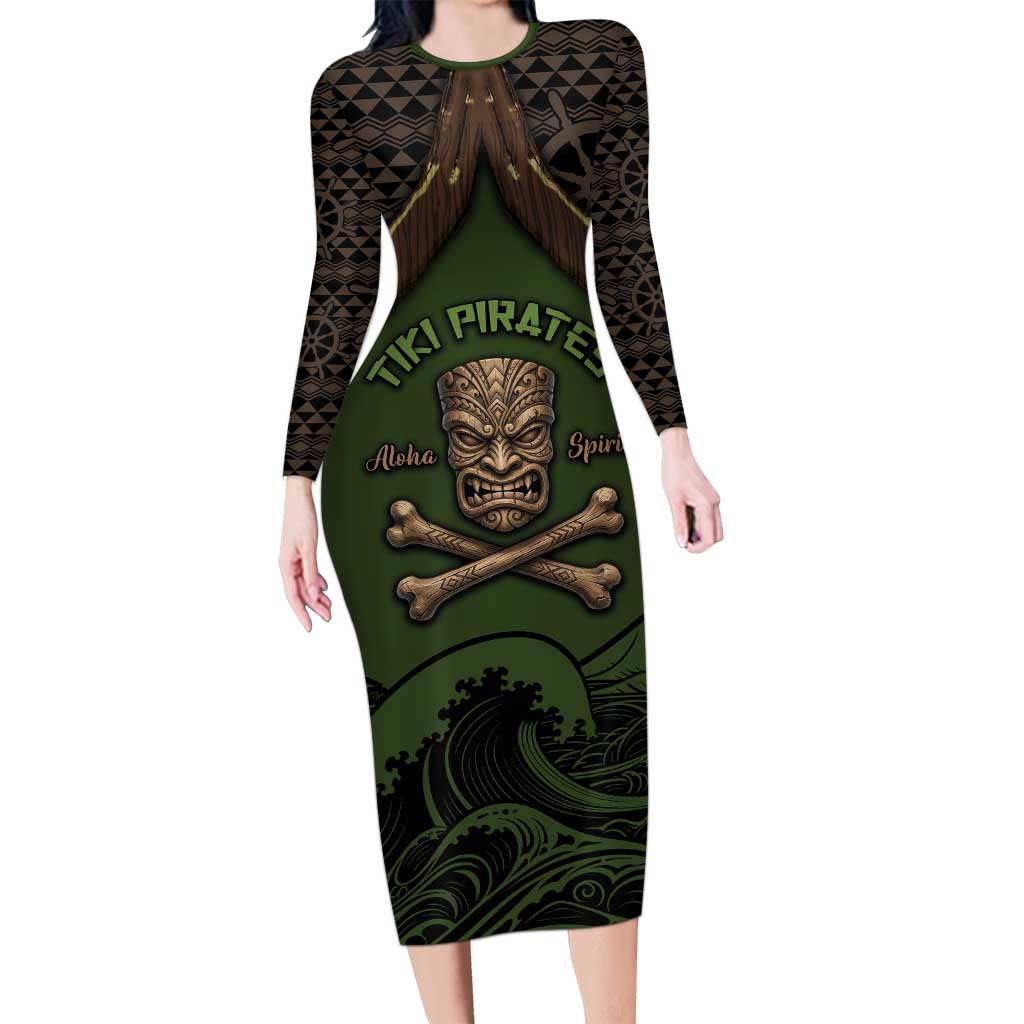 Personalised Hawaii Tiki Pirates Family Matching Long Sleeve Bodycon Dress and Hawaiian Shirt Kakau Pattern Polynesian Style DT05 Mom's Dress Green - Polynesian Pride