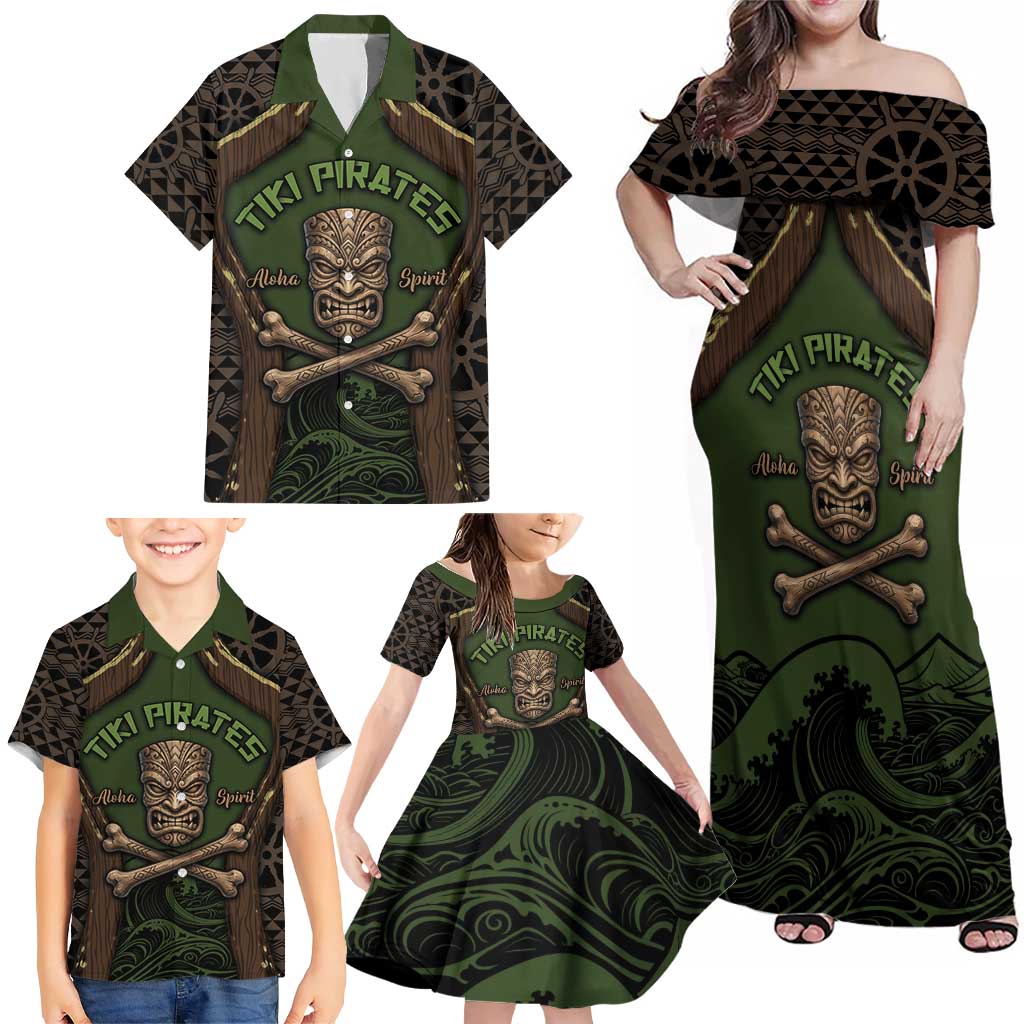 Personalised Hawaii Tiki Pirates Family Matching Off Shoulder Maxi Dress and Hawaiian Shirt Kakau Pattern Polynesian Style