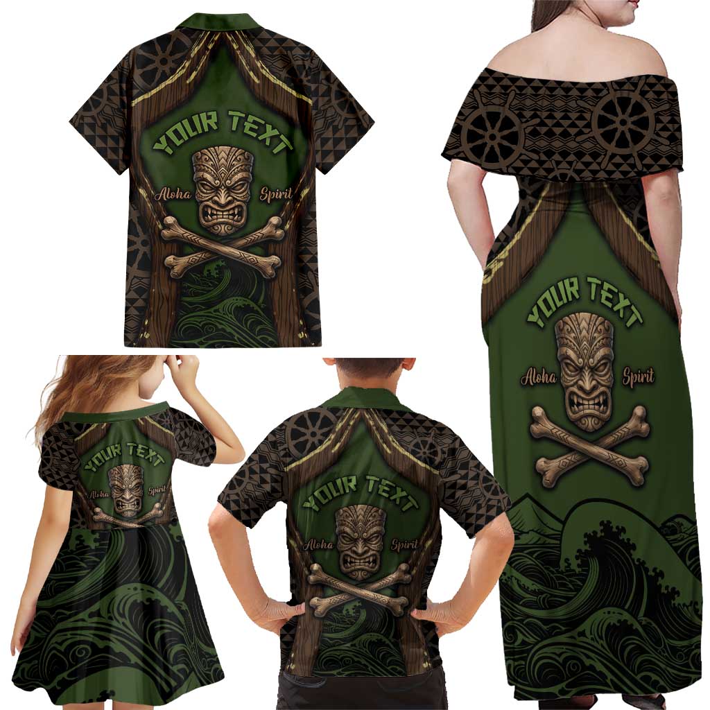 Personalised Hawaii Tiki Pirates Family Matching Off Shoulder Maxi Dress and Hawaiian Shirt Kakau Pattern Polynesian Style
