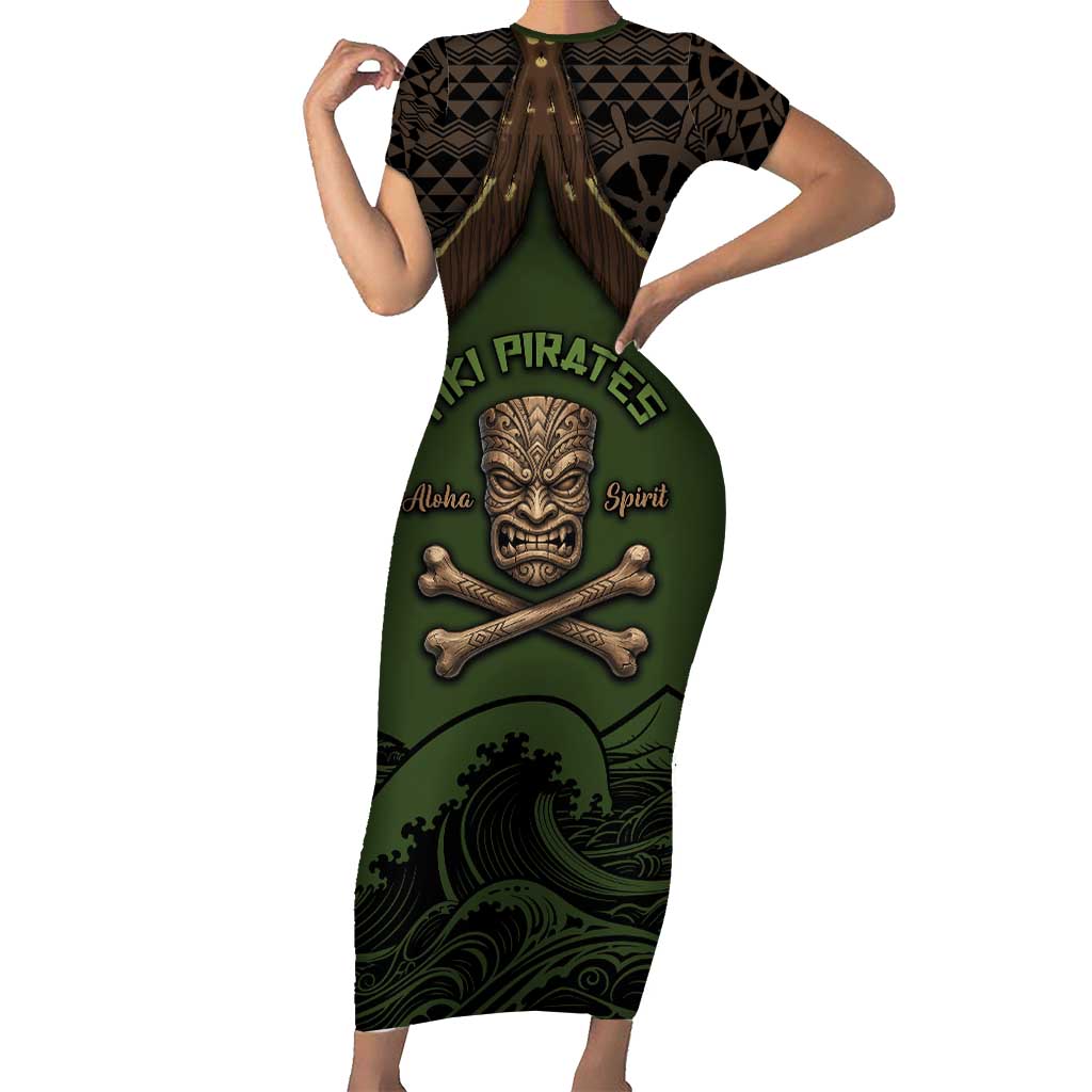 Personalised Hawaii Tiki Pirates Family Matching Short Sleeve Bodycon Dress and Hawaiian Shirt Kakau Pattern Polynesian Style DT05 Mom's Dress Green - Polynesian Pride