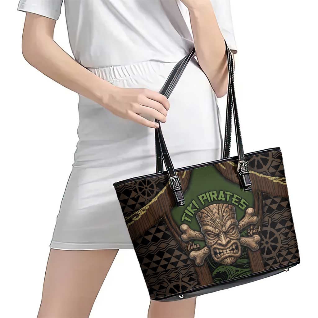 Hawaii Tiki Pirates Leather Tote Bag Kakau Pattern Polynesian Style