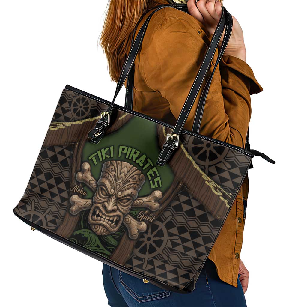 Hawaii Tiki Pirates Leather Tote Bag Kakau Pattern Polynesian Style
