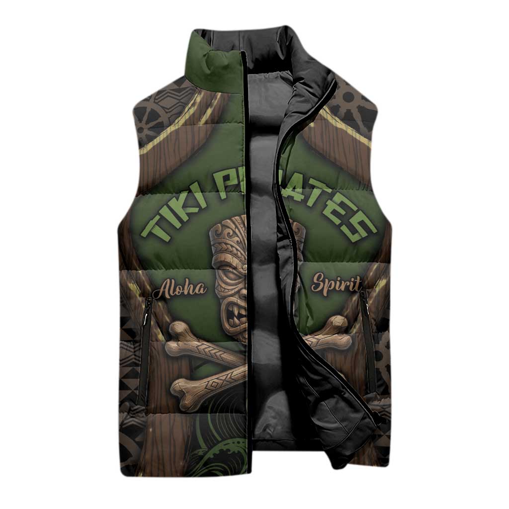 Personalised Hawaii Tiki Pirates Sleeveless Puffer Jacket Kakau Pattern Polynesian Style