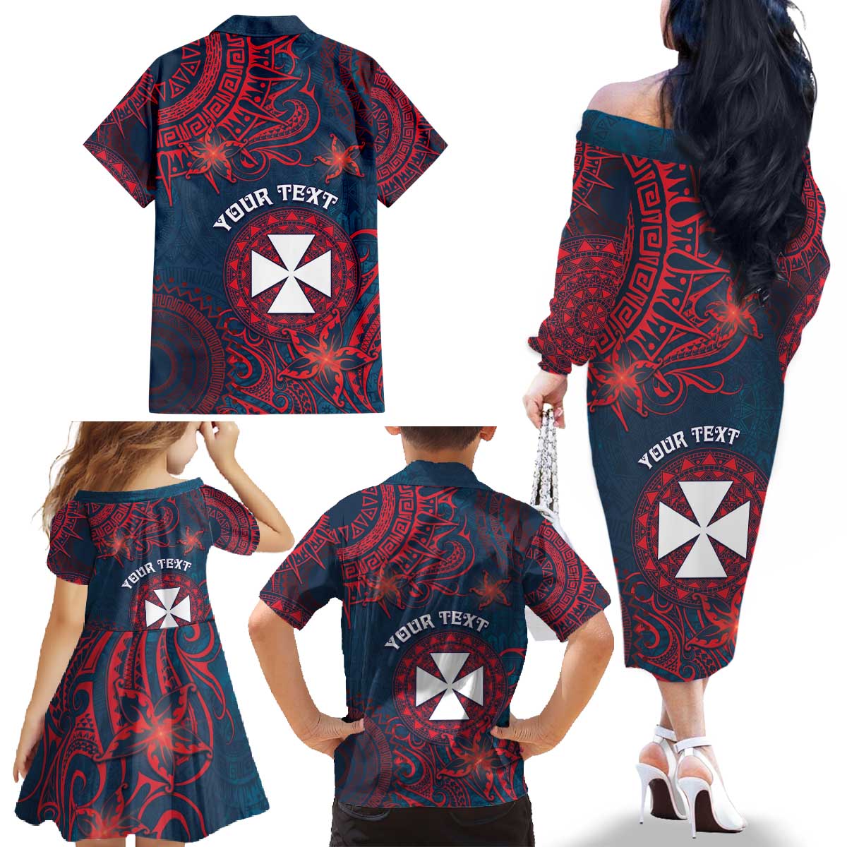 Personalised Wallis And Futuna Family Matching Off The Shoulder Long Sleeve Dress and Hawaiian Shirt Hibiscus Polynesian Tribal Pattern DT05 - Polynesian Pride