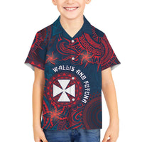 Personalised Wallis And Futuna Family Matching Off The Shoulder Long Sleeve Dress and Hawaiian Shirt Hibiscus Polynesian Tribal Pattern DT05 Son's Shirt Navy - Polynesian Pride
