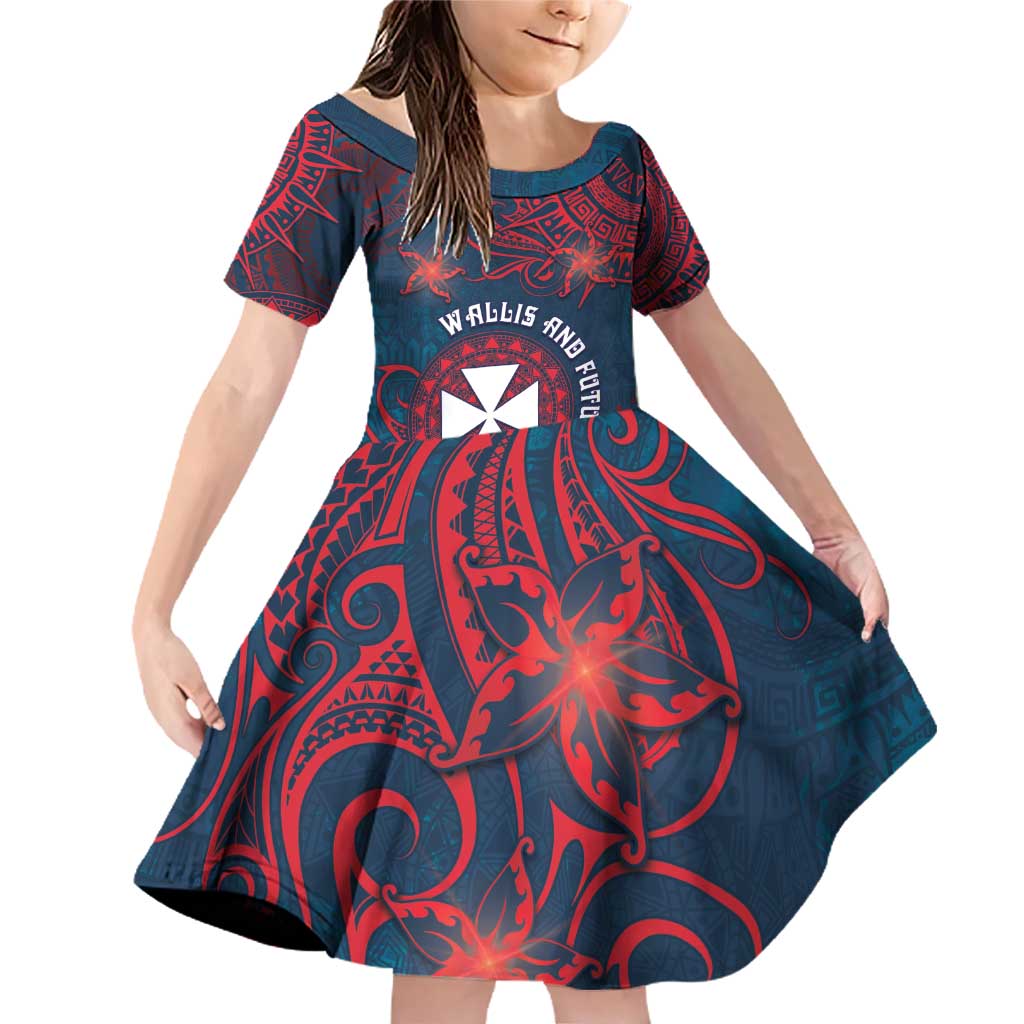 Personalised Wallis And Futuna Family Matching Off Shoulder Short Dress and Hawaiian Shirt Hibiscus Polynesian Tribal Pattern DT05 Daughter's Dress Navy - Polynesian Pride