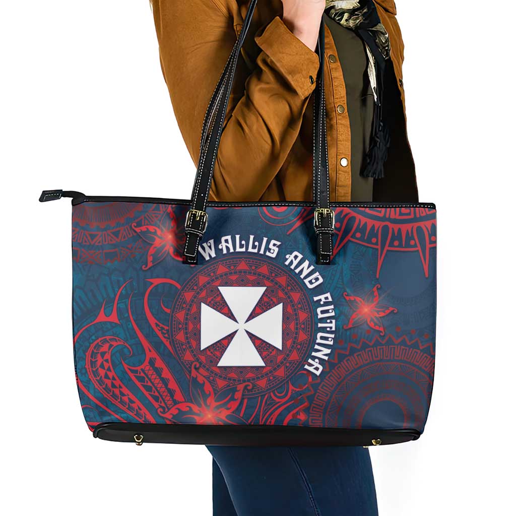 Wallis And Futuna Leather Tote Bag Hibiscus Polynesian Tribal Pattern
