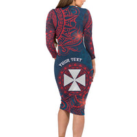 Personalised Wallis And Futuna Long Sleeve Bodycon Dress Hibiscus Polynesian Tribal Pattern