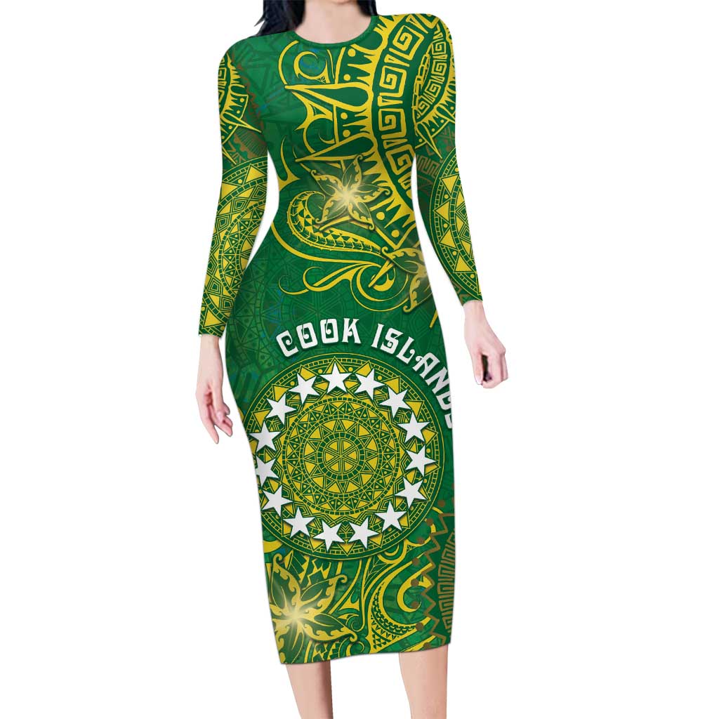 Personalised Cook Islands Family Matching Long Sleeve Bodycon Dress and Hawaiian Shirt Hibiscus Polynesian Tribal Pattern DT05 Mom's Dress Green - Polynesian Pride