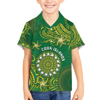 Personalised Cook Islands Family Matching Long Sleeve Bodycon Dress and Hawaiian Shirt Hibiscus Polynesian Tribal Pattern DT05 Son's Shirt Green - Polynesian Pride