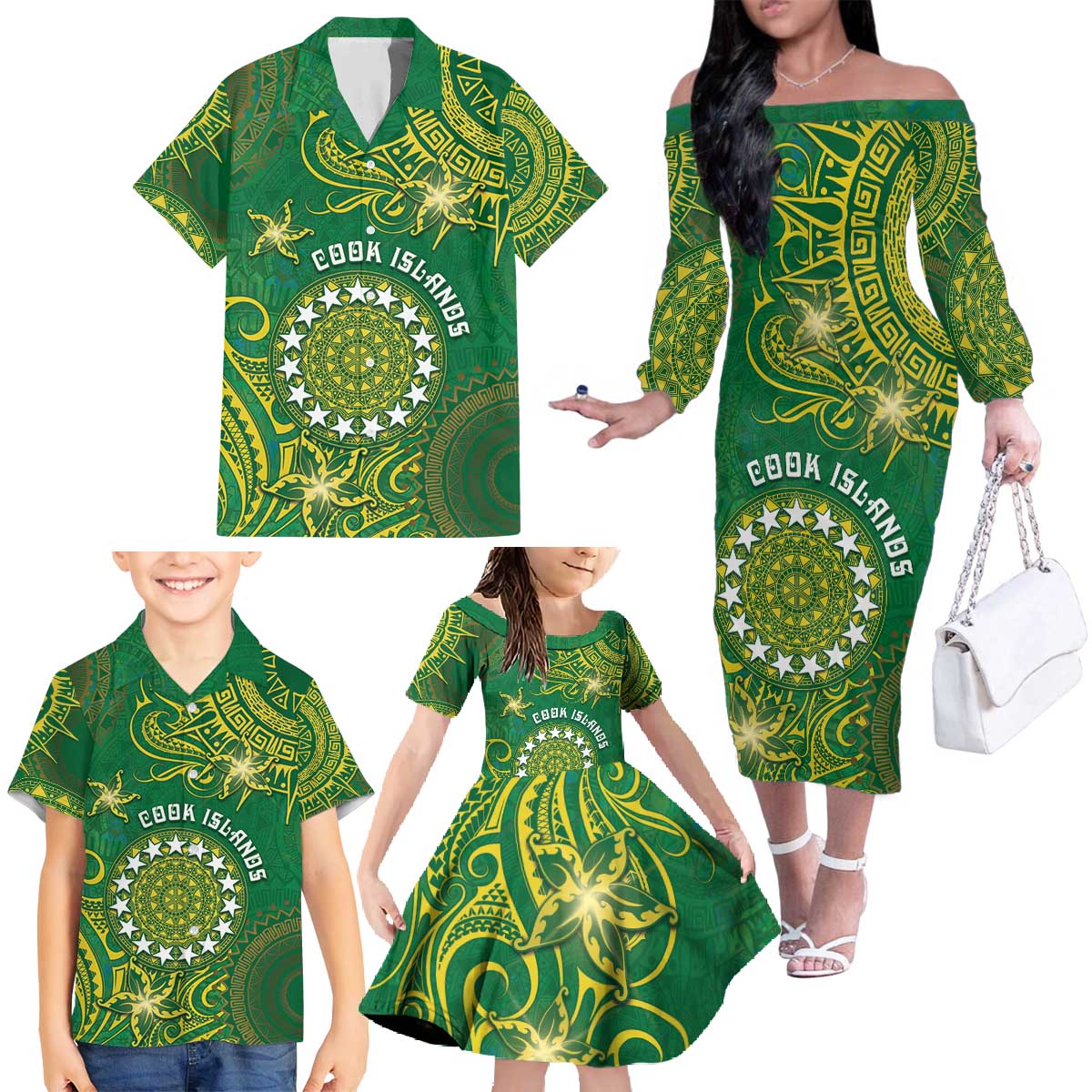Personalised Cook Islands Family Matching Off The Shoulder Long Sleeve Dress and Hawaiian Shirt Hibiscus Polynesian Tribal Pattern DT05 - Polynesian Pride