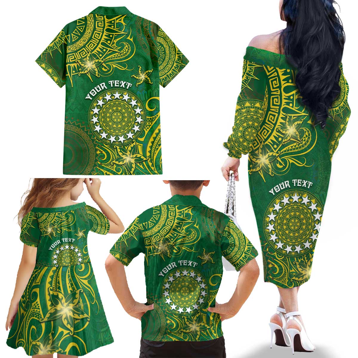 Personalised Cook Islands Family Matching Off The Shoulder Long Sleeve Dress and Hawaiian Shirt Hibiscus Polynesian Tribal Pattern DT05 - Polynesian Pride