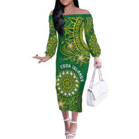 Personalised Cook Islands Family Matching Off The Shoulder Long Sleeve Dress and Hawaiian Shirt Hibiscus Polynesian Tribal Pattern DT05 Mom's Dress Green - Polynesian Pride