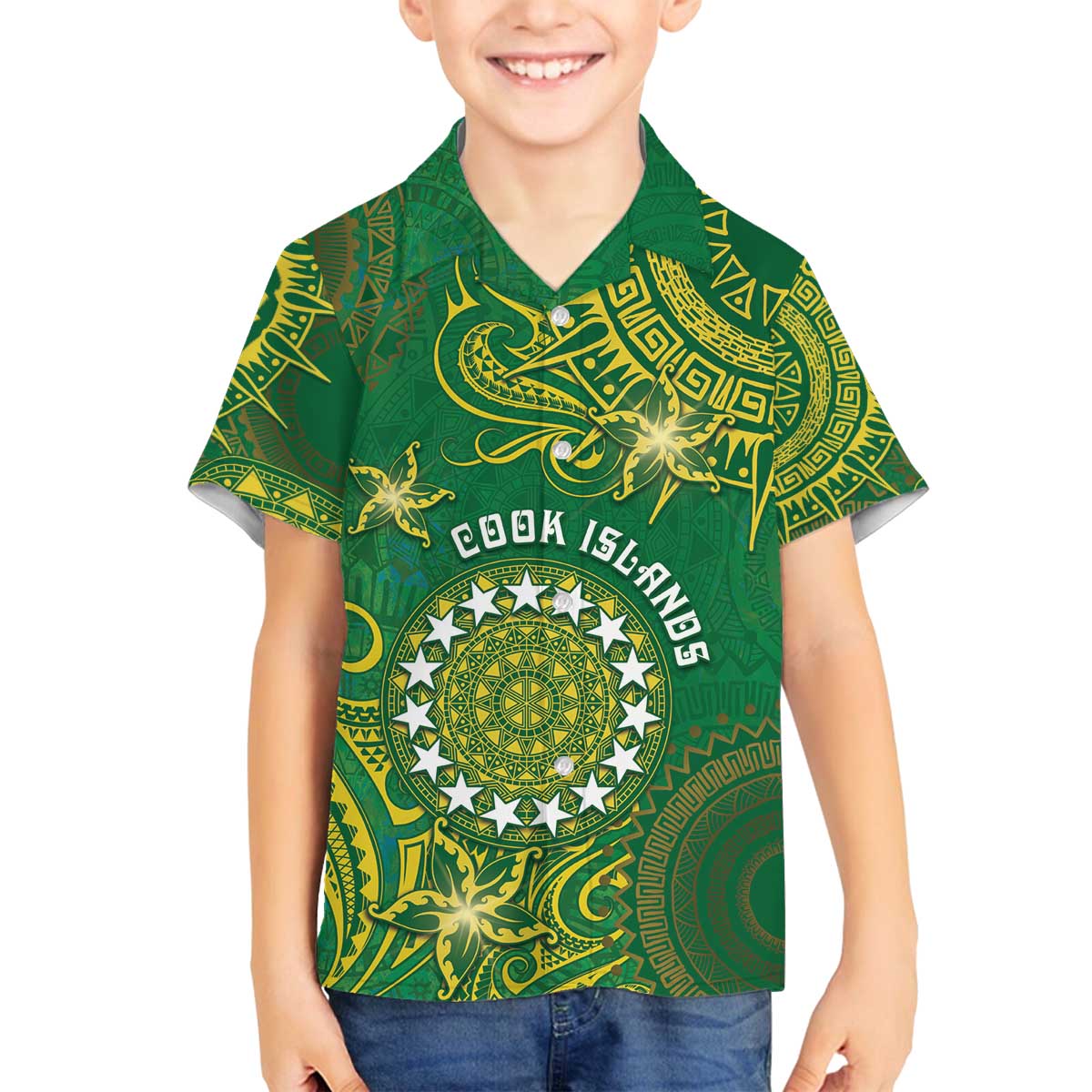 Personalised Cook Islands Family Matching Off The Shoulder Long Sleeve Dress and Hawaiian Shirt Hibiscus Polynesian Tribal Pattern DT05 Son's Shirt Green - Polynesian Pride