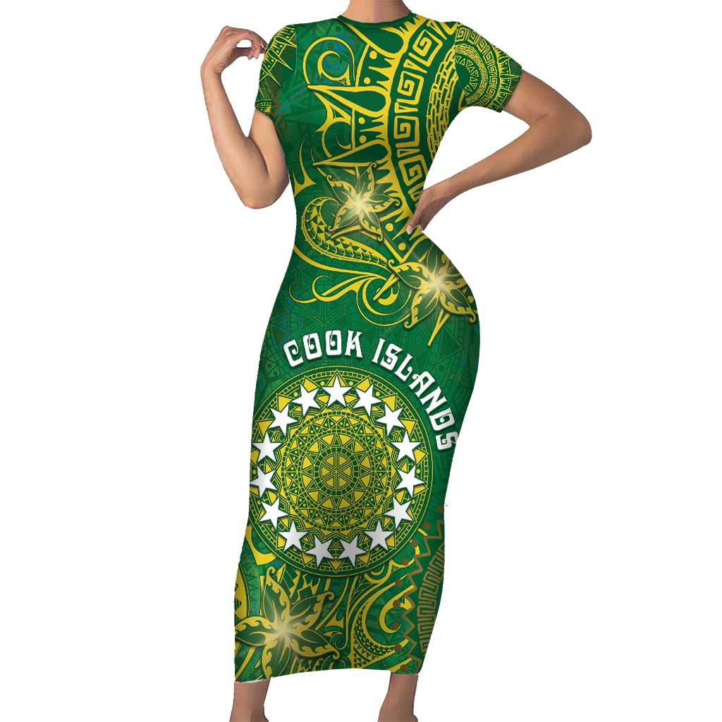 Personalised Cook Islands Family Matching Short Sleeve Bodycon Dress and Hawaiian Shirt Hibiscus Polynesian Tribal Pattern DT05 Mom's Dress Green - Polynesian Pride