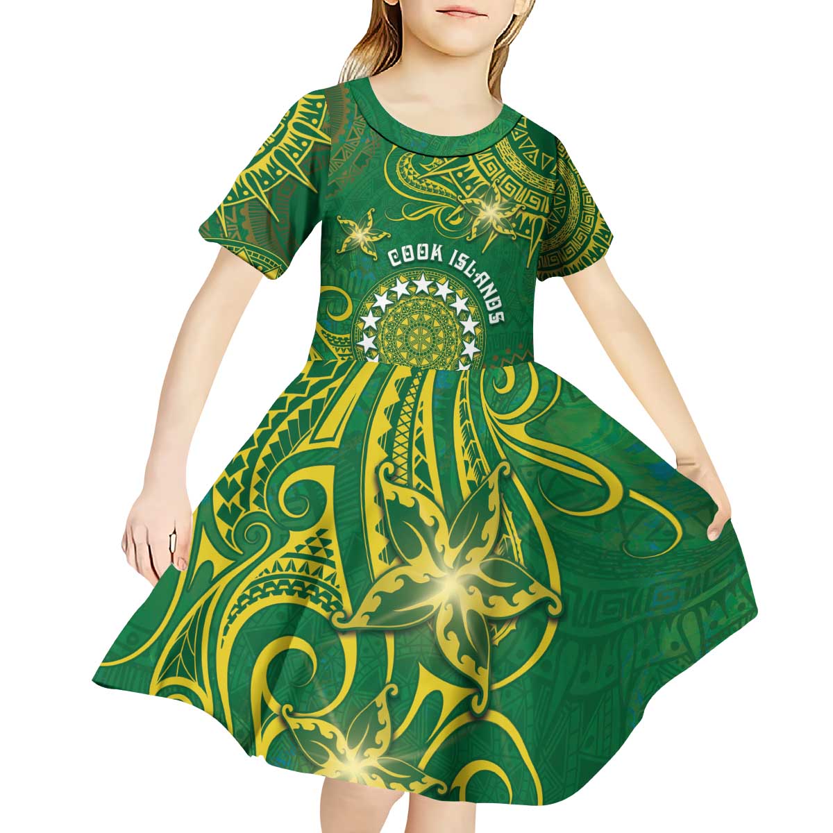 Personalised Cook Islands Kid Short Sleeve Dress Hibiscus Polynesian Tribal Pattern
