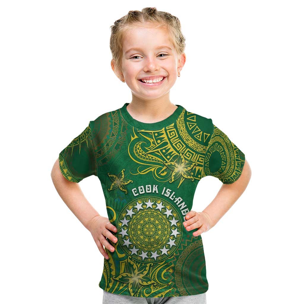 Personalised Cook Islands Kid T Shirt Hibiscus Polynesian Tribal Pattern