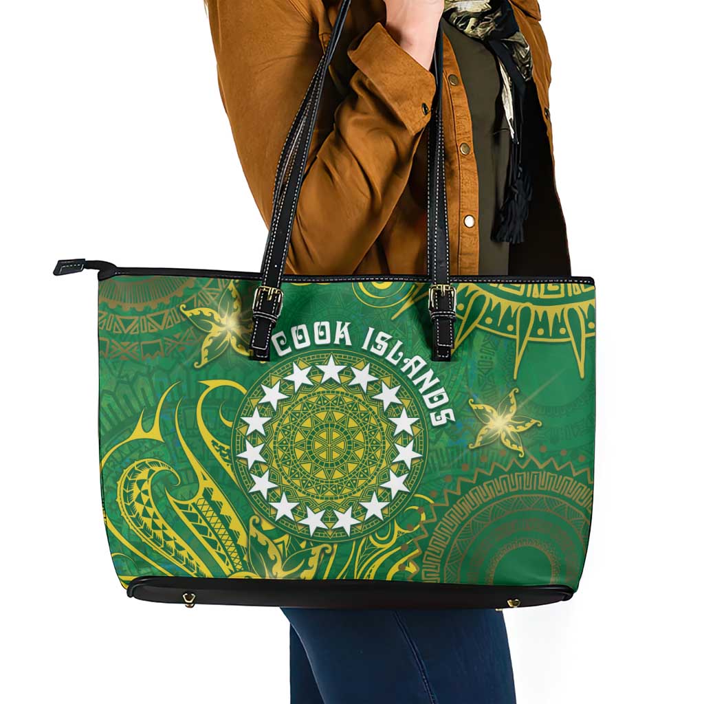 Cook Islands Leather Tote Bag Hibiscus Polynesian Tribal Pattern