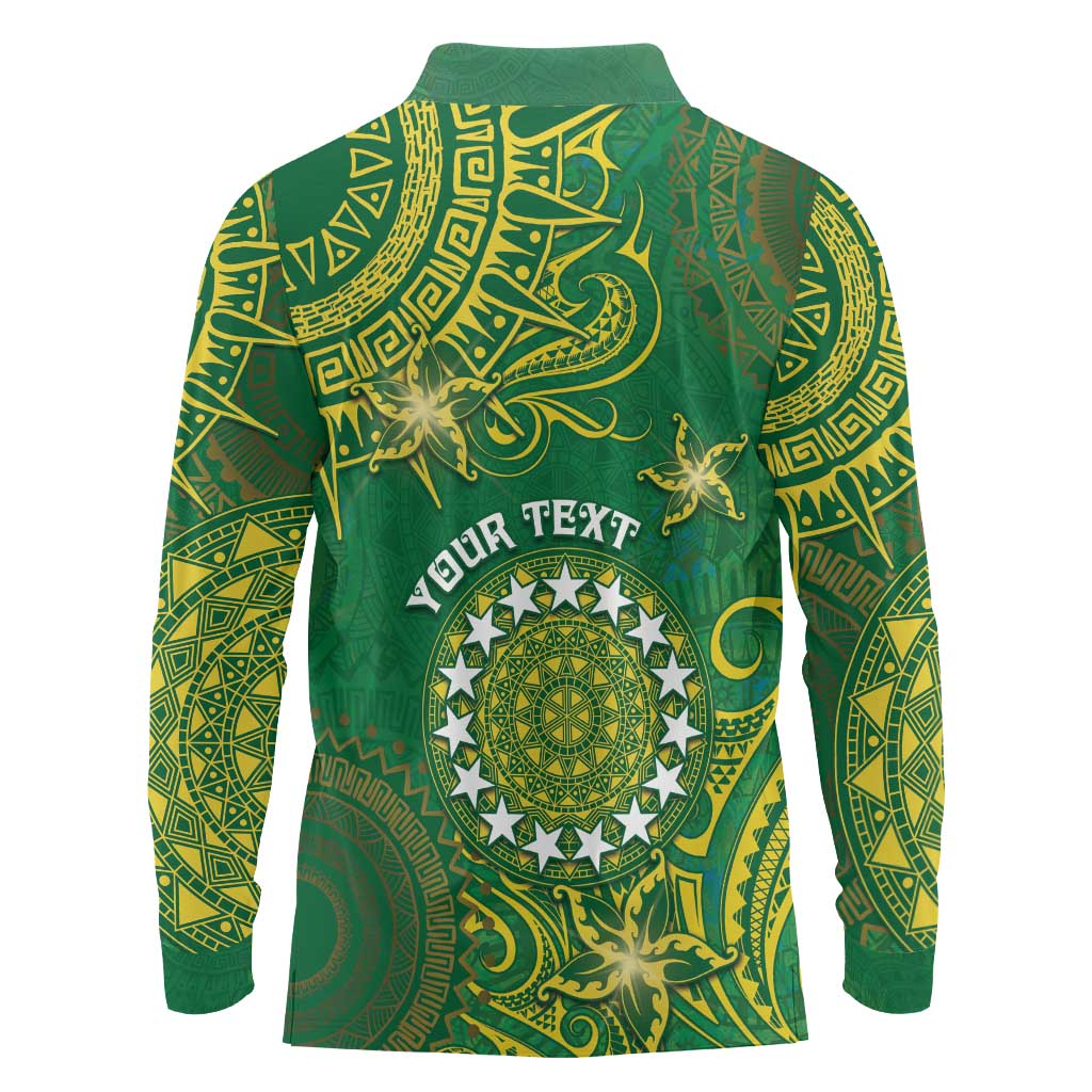 Personalised Cook Islands Long Sleeve Polo Shirt Hibiscus Polynesian Tribal Pattern