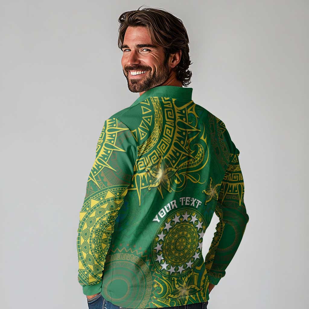 Personalised Cook Islands Long Sleeve Polo Shirt Hibiscus Polynesian Tribal Pattern