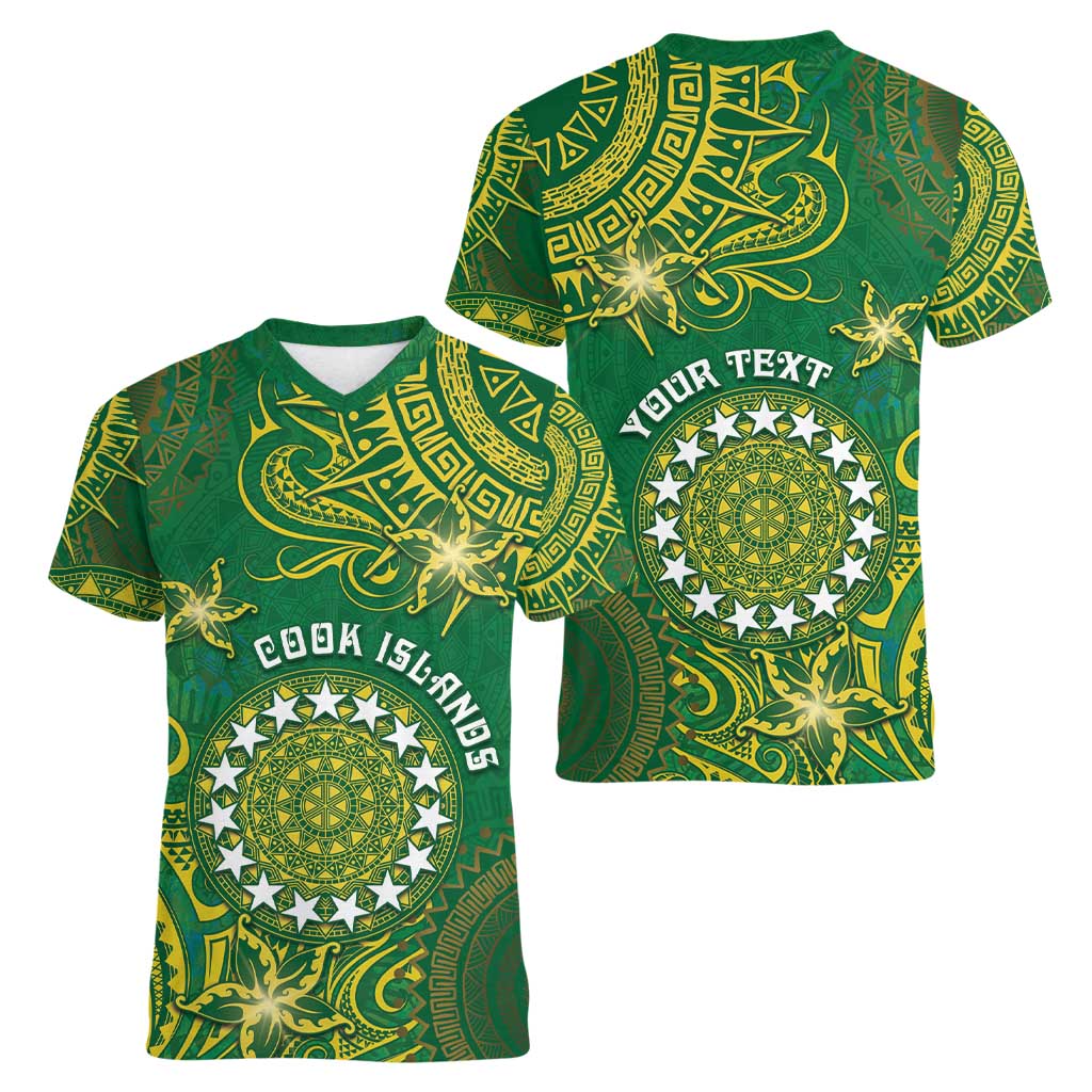 Personalised Cook Islands Women V-Neck T-Shirt Hibiscus Polynesian Tribal Pattern