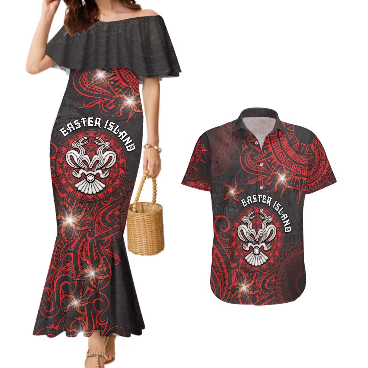 Personalised Easter Island Couples Matching Mermaid Dress and Hawaiian Shirt Hibiscus Polynesian Tribal Pattern
