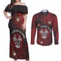 Personalised Easter Island Couples Matching Off Shoulder Maxi Dress and Long Sleeve Button Shirt Hibiscus Polynesian Tribal Pattern