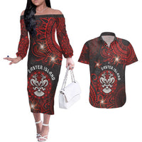 Personalised Easter Island Couples Matching Off The Shoulder Long Sleeve Dress and Hawaiian Shirt Hibiscus Polynesian Tribal Pattern