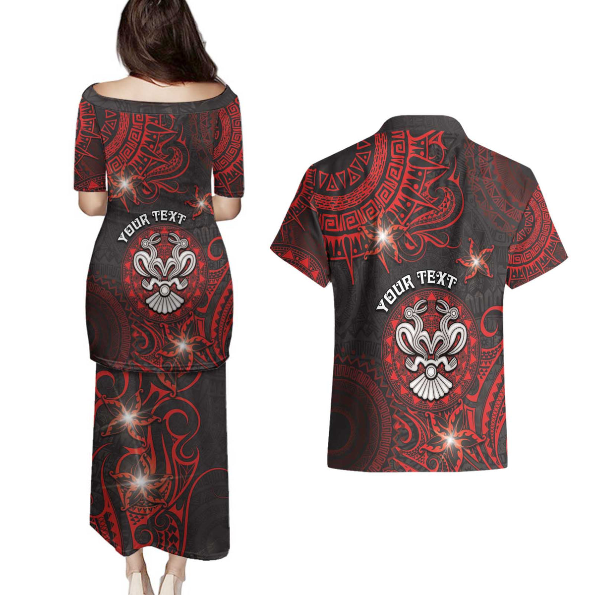 Personalised Easter Island Couples Matching Puletasi and Hawaiian Shirt Hibiscus Polynesian Tribal Pattern