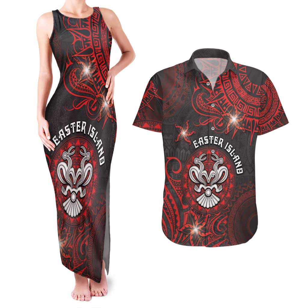Personalised Easter Island Couples Matching Tank Maxi Dress and Hawaiian Shirt Hibiscus Polynesian Tribal Pattern