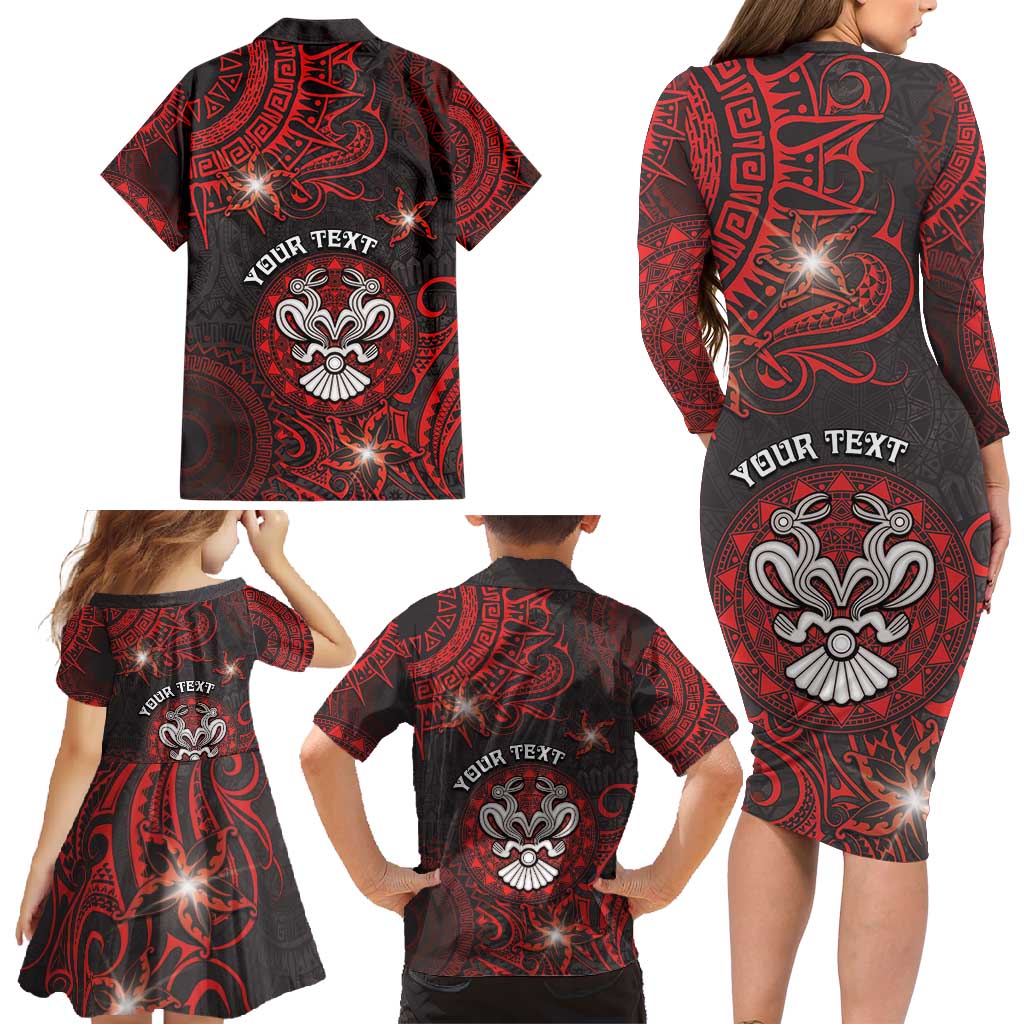 Personalised Easter Island Family Matching Long Sleeve Bodycon Dress and Hawaiian Shirt Hibiscus Polynesian Tribal Pattern