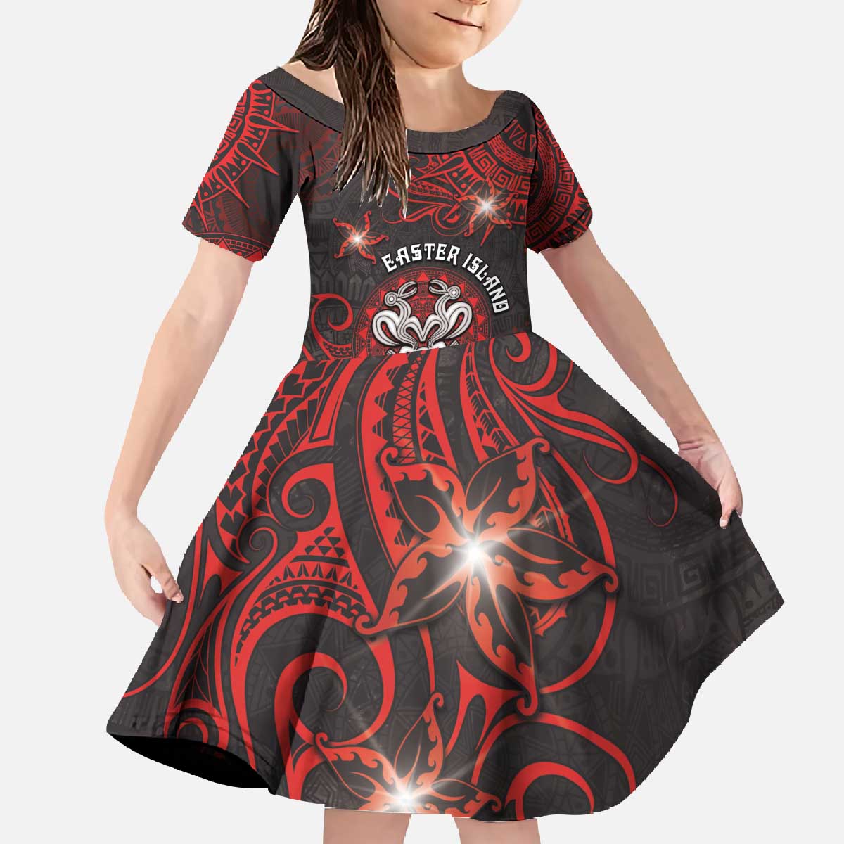 Personalised Easter Island Family Matching Off The Shoulder Long Sleeve Dress and Hawaiian Shirt Hibiscus Polynesian Tribal Pattern