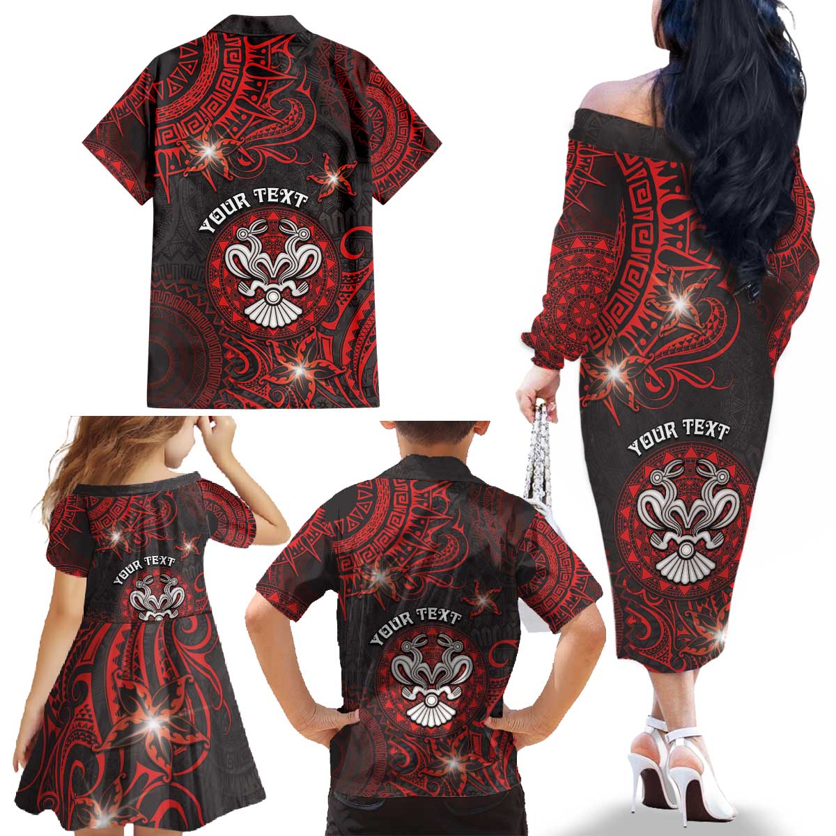 Personalised Easter Island Family Matching Off The Shoulder Long Sleeve Dress and Hawaiian Shirt Hibiscus Polynesian Tribal Pattern
